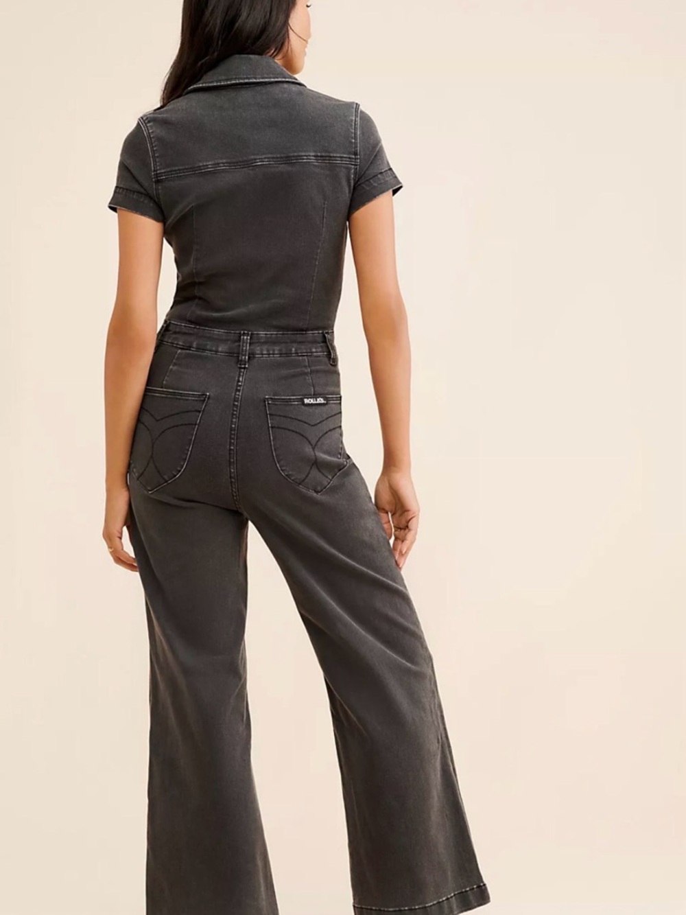 Free People Washed Black Denim Jumpsuit - Short Sleeve Ankle Length - Picture 3 of 4